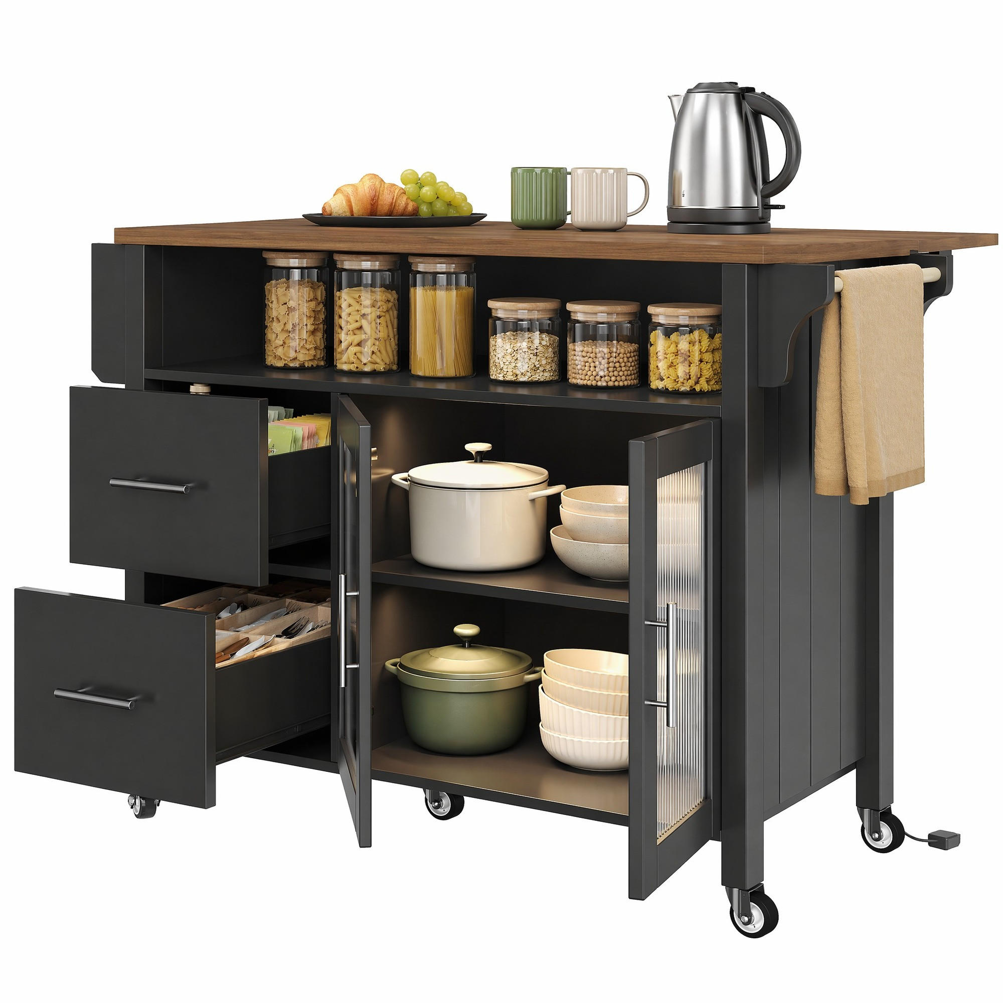 KÜCHENINSEL in Schwarz Küchentisch mit Holzmaserung, Glasvitrine, LED, Rollen,Handtuchhalter und Stauraum,B139/T65/H94cm - Schwarz, Glas/Holzwerkstoff (139/94.5/65cm) - STILVORA