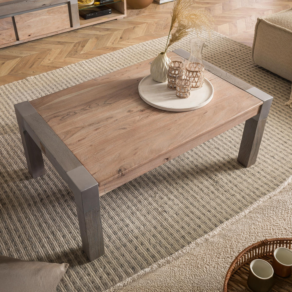 COUCHTISCH Akazie 110x70x45 beige lackiert Amsterdam #118 - Beige, Holz (110/70/45cm) - Massivmoebel24