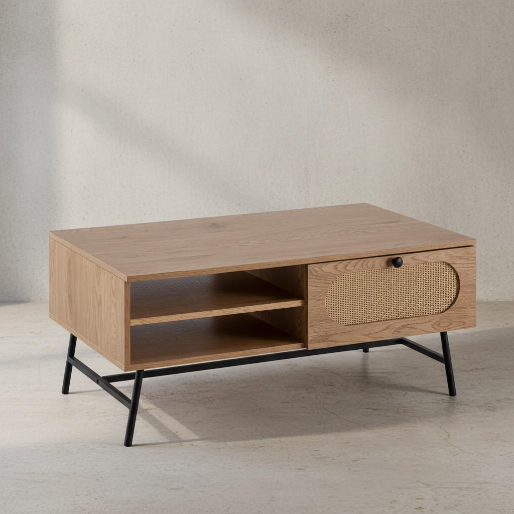 COUCHTISCH in Eiche-Dekor und Rattan, 100x60x45 cm, mit integriertem Stauraum - Schwarz/Braun, Holzwerkstoff/Metall (60/100/45cm) - KADIMA DESIGN