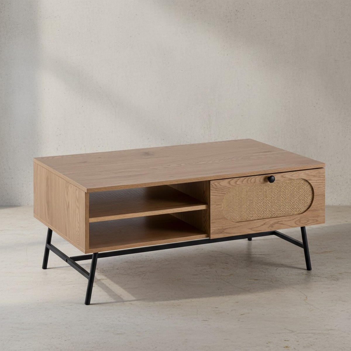 COUCHTISCH in Eiche-Dekor und Rattan, 100x60x45 cm, mit integriertem Stauraum - Schwarz/Braun, Holzwerkstoff/Metall (60/100/45cm) - KADIMA DESIGN