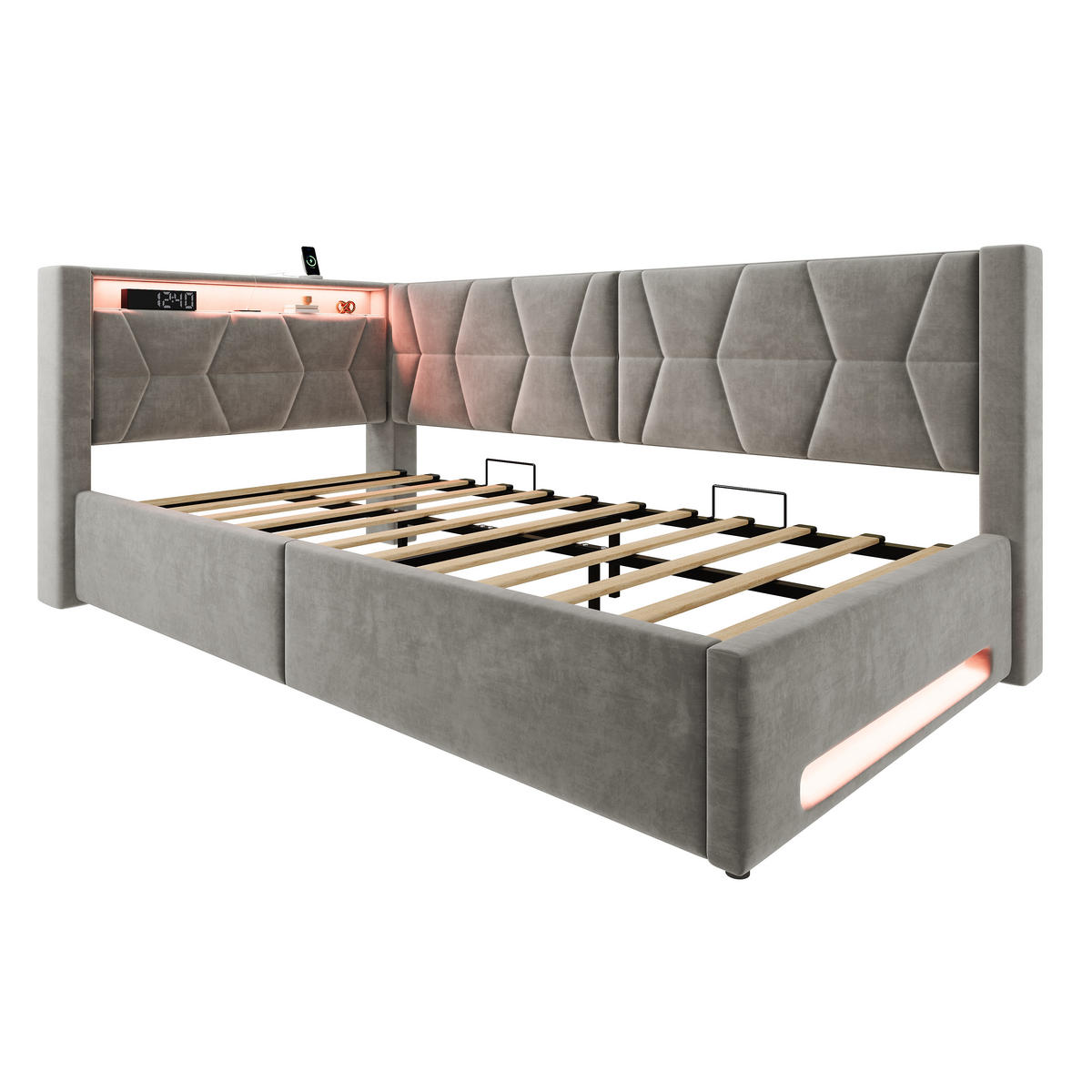 BOXBETT 90/200cm, LED/USB-C, Bettkasten, Lattenrost, Dunkelgrau - Dunkelgrau, Holz/Metall (90/200cm) - LVHOM