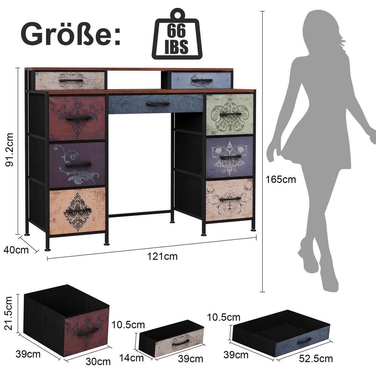 SCHREIBTISCH mit 9 Schubladen, Schminktisch Konsole, 121×40×91 cm - Schwarz, Holz (120/40/90cm)