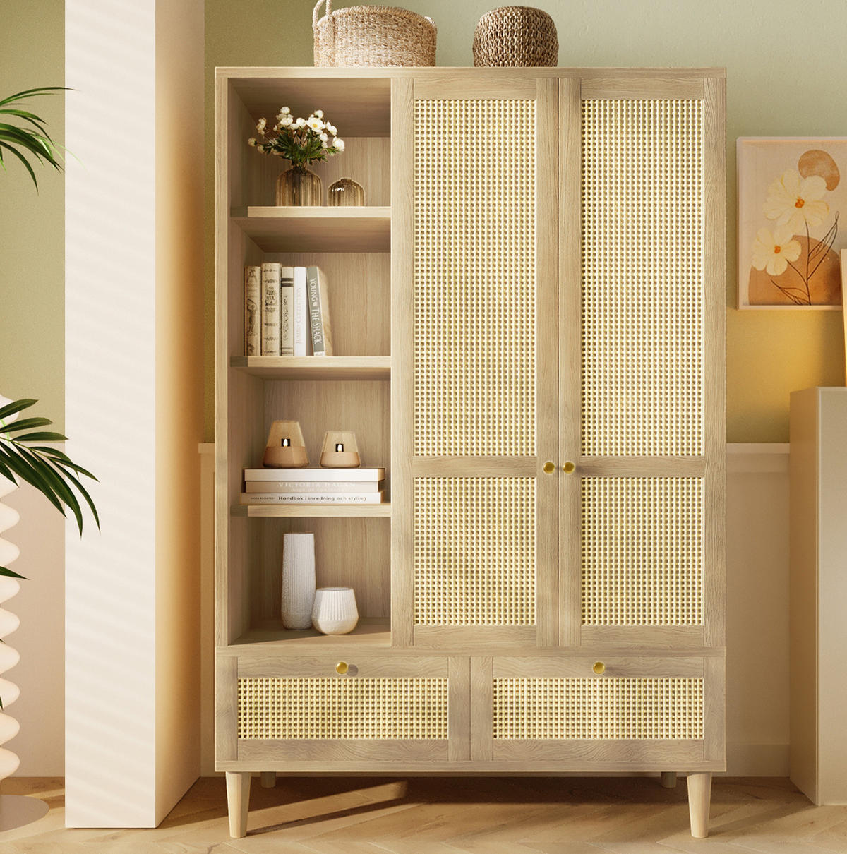 KLEIDERSCHRANK 50/120/180 cm eichefarben aus MDF, Massivholz und Metall mit Rattangeflecht - Eichefarben, Holz (120/180/50cm) - OKWISH