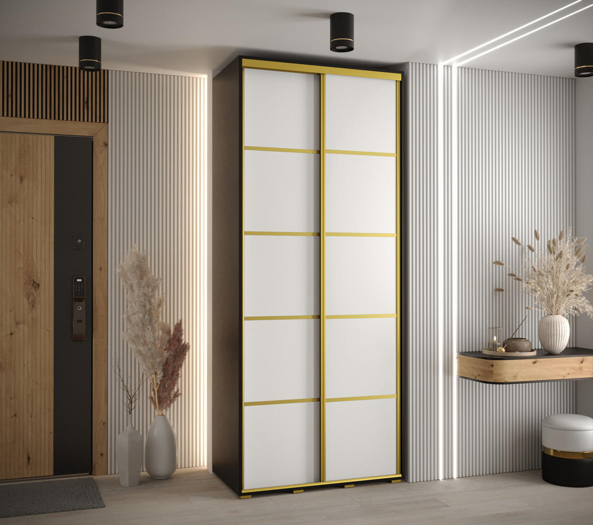 SCHWEBETÜRENSCHRANK 235,2/100/45 2-türig - Goldfarben/Schwarz, Holz/Metall (100/235/45cm) - Abiks Möbel