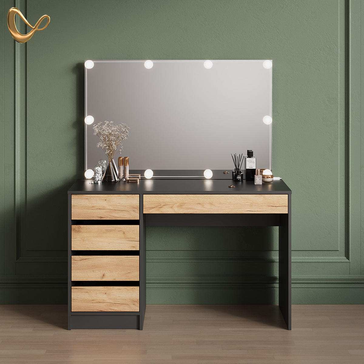 SCHMINKTISCH Imola Anthrazit/Goldkraft Eiche 120 cm mit LED Beleuchtung - Anthrazit/Eiche Wotan, Holzwerkstoff (120/75/55cm) - Livinity®