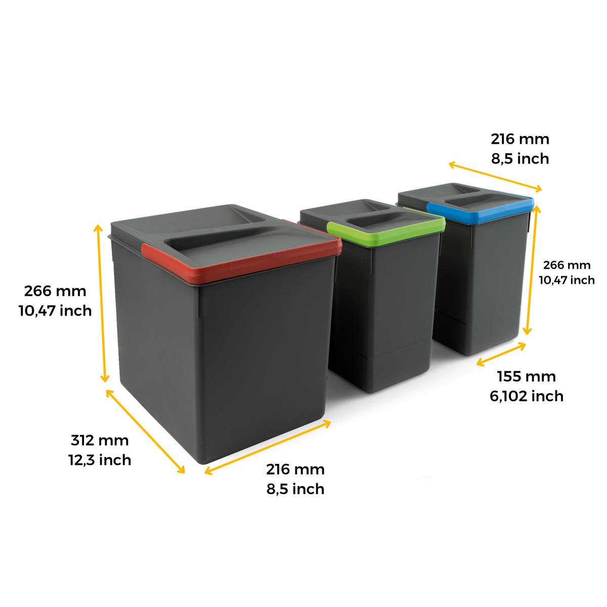 RECYCLINGBEHÄLTER für Küchenschublade, Höhe 266mm, 1x15l, 2x7l, Kunststoff anthrazitgrau 3er-set - Anthrazit, Kunststoff (21.6/27/31.2cm) - EMUCA