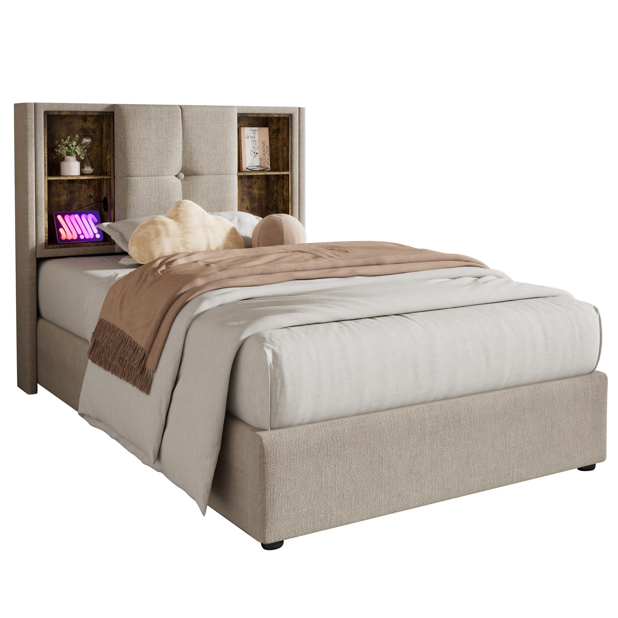 POLSTERBETT 90/200 cm Natürlich mit Kabellosem Laden und USB-Anschlüssen - Naturfarben, Textil (90/200cm) - OKWISH