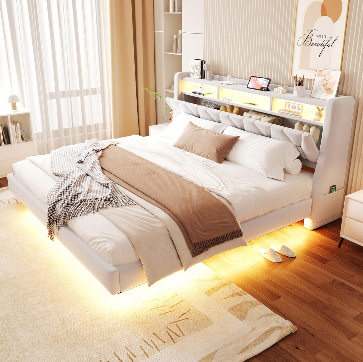 ČALOUNĚNÁ postel 180/200 cm béžová z sametu s LED osvětlením, USB a úložným čelem - béžová, textil (180/200cm) - OKWISH