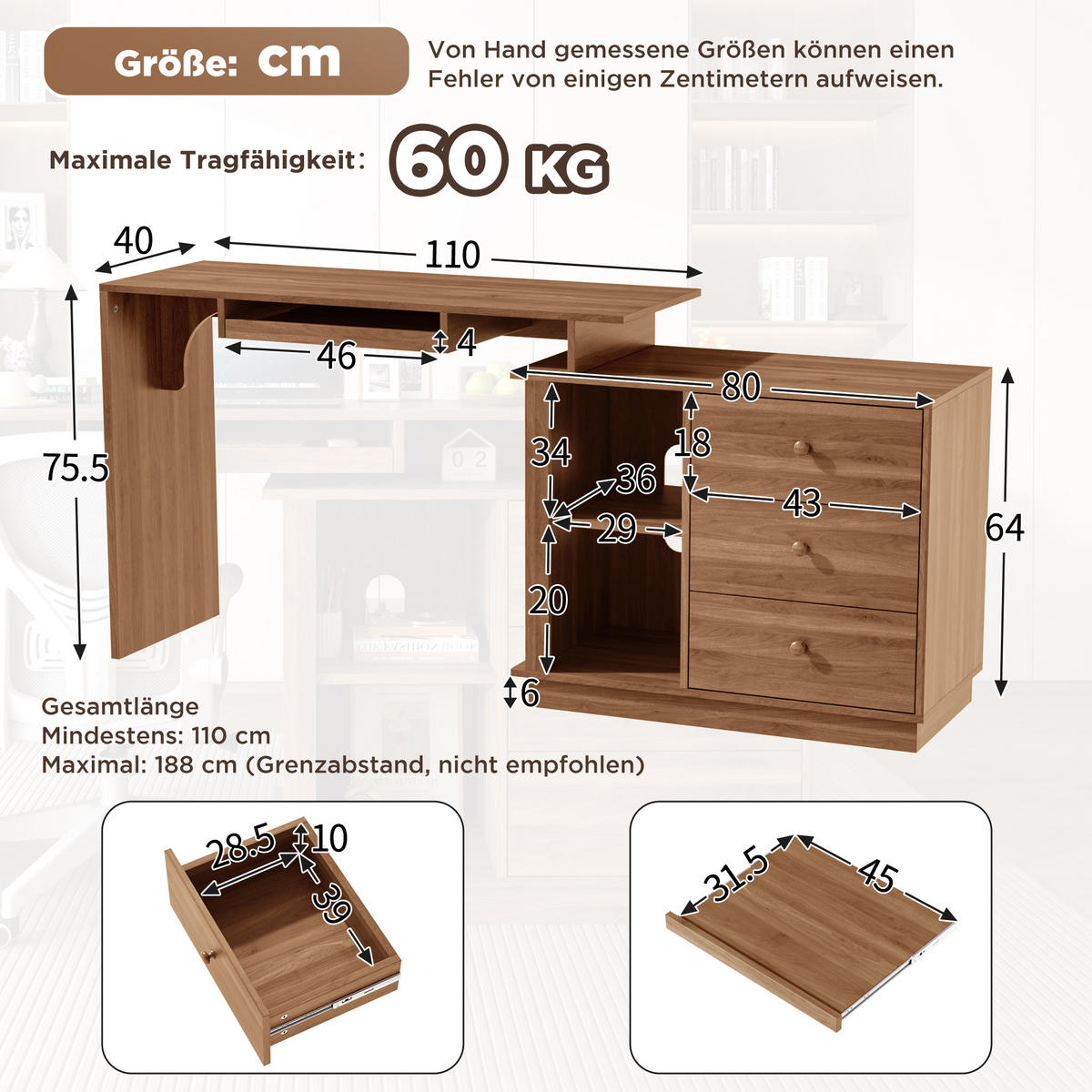 SCHREIBTISCH ausziehbarer Multifunktions-Computertisch 110cm - Walnussfarben, Holzwerkstoff (40/110/75.5cm) - Gisaae