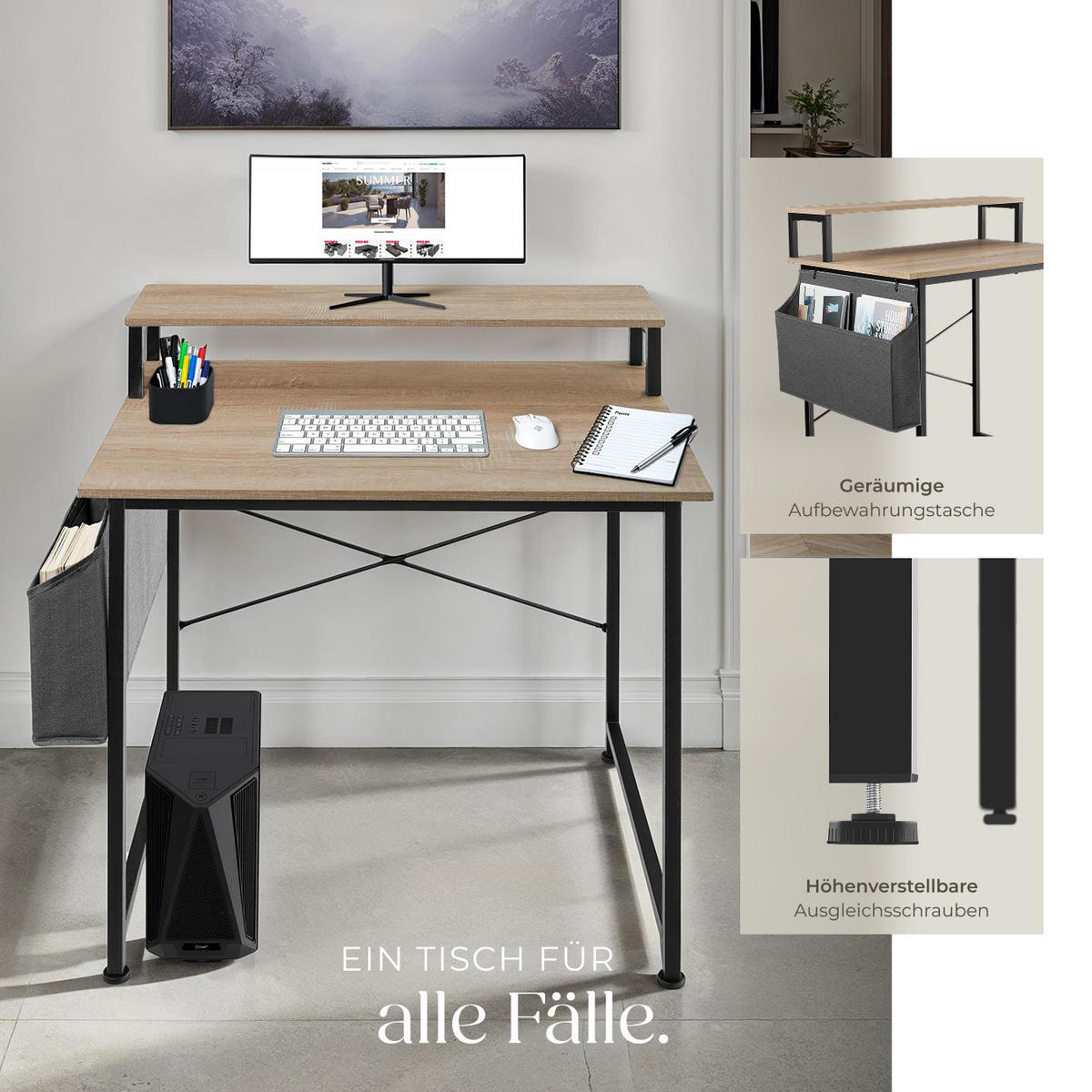 SCHREIBTISCH Everett, 80 x 55 x 90 cm, Industrial Holz hell, Eiche Sonoma - Naturfarben, Holzwerkstoff (55/80/90cm) - tectake