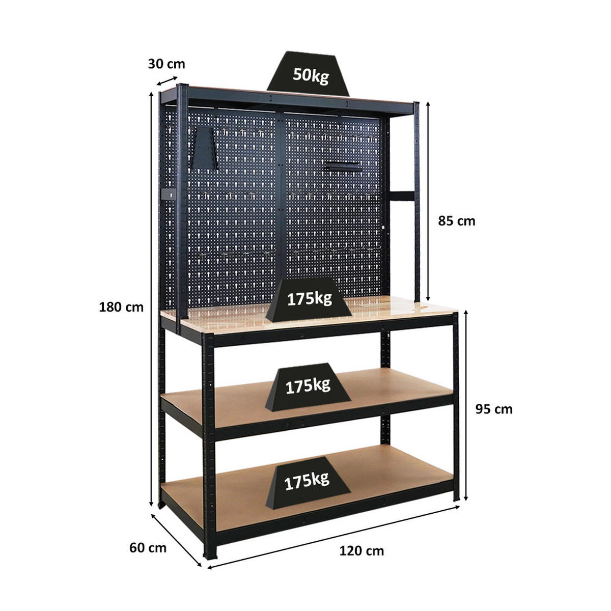 WERKBANK Giant Beast mit Lochwand 180x120x60 cm Fachlast 175 kg Schwarz - Schwarz, Metall (120/180/60cm) - PROREGAL
