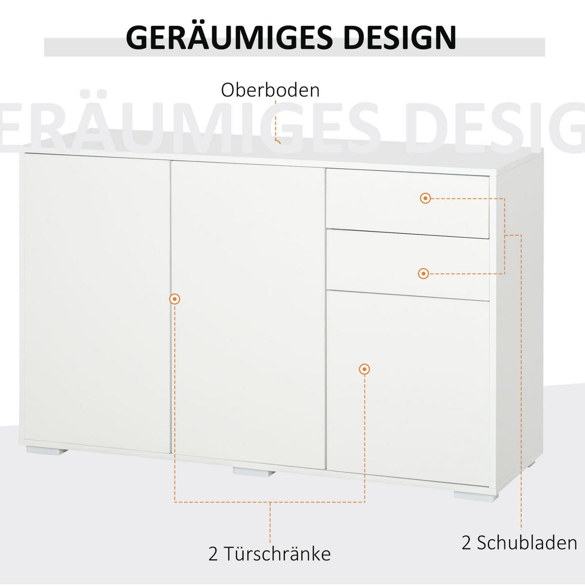 SIDEBOARD aus MDF 117x36x74 cm Weiß mit 2 Schubladen, höhenverstellbaren Einlegeböden und Druckmechanismus - Weiß, Holzwerkstoff (117/74/36cm) - IVMEU