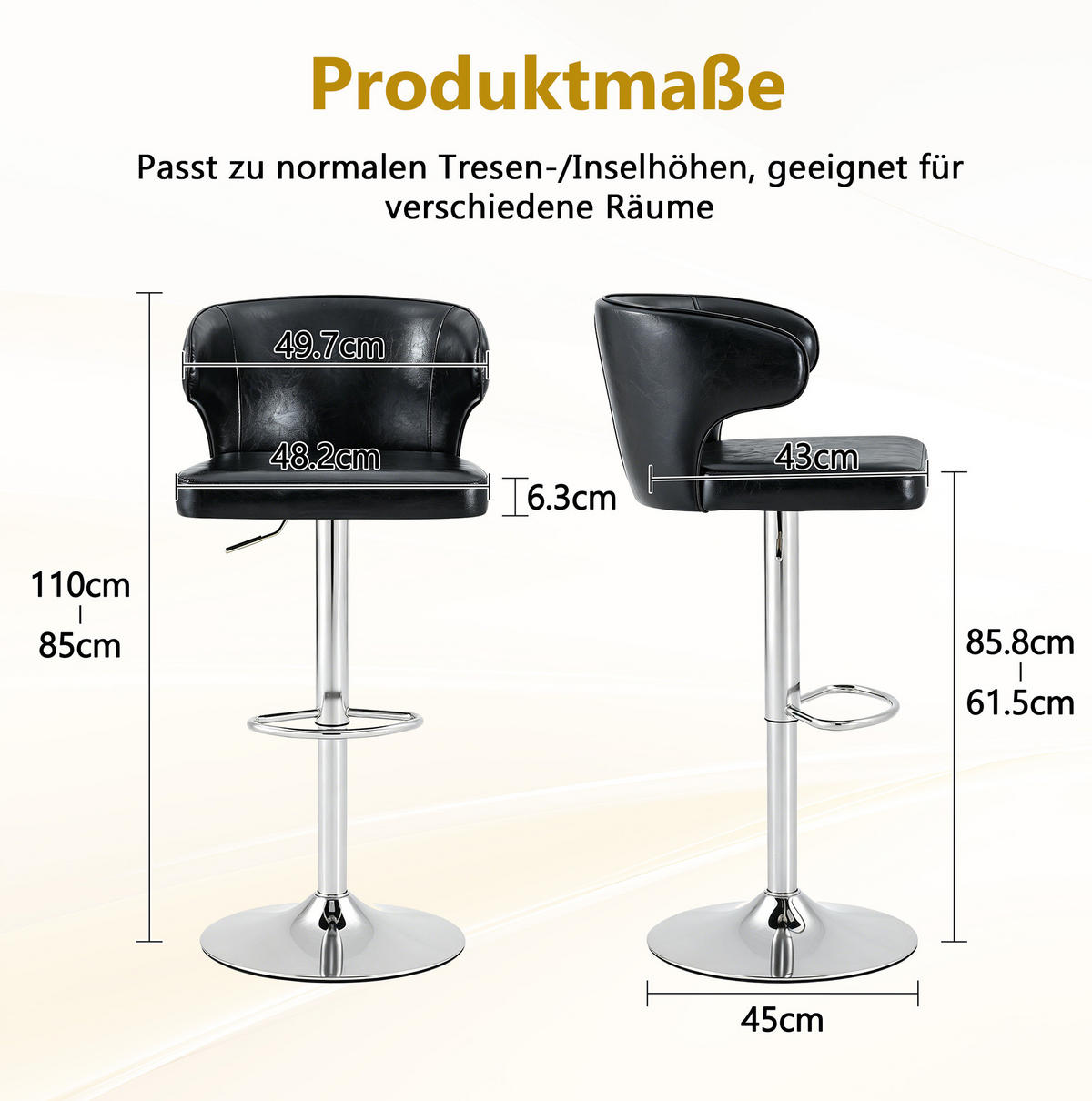 BARHOCKER 2er-Set höhenverstellbar drehbar Schwarz PU - Schwarz, Metall (45/110/49.72cm) - Meubliv