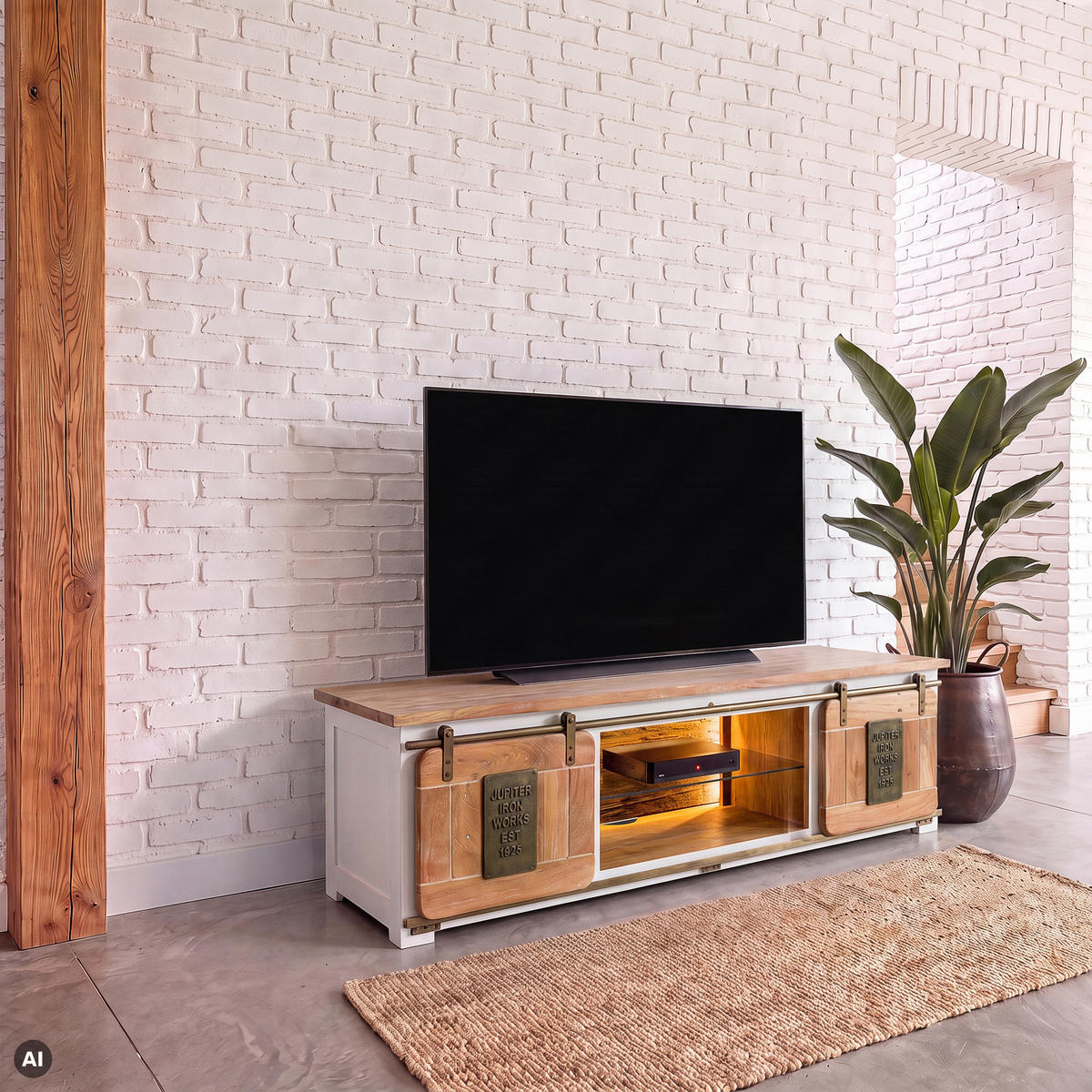 TV-BOARD Mango / Altholz 180x55x50 weiß lackiert RAILWAY LUX #530 - Weiß, Holz (180/50/55cm) - Massivmoebel24