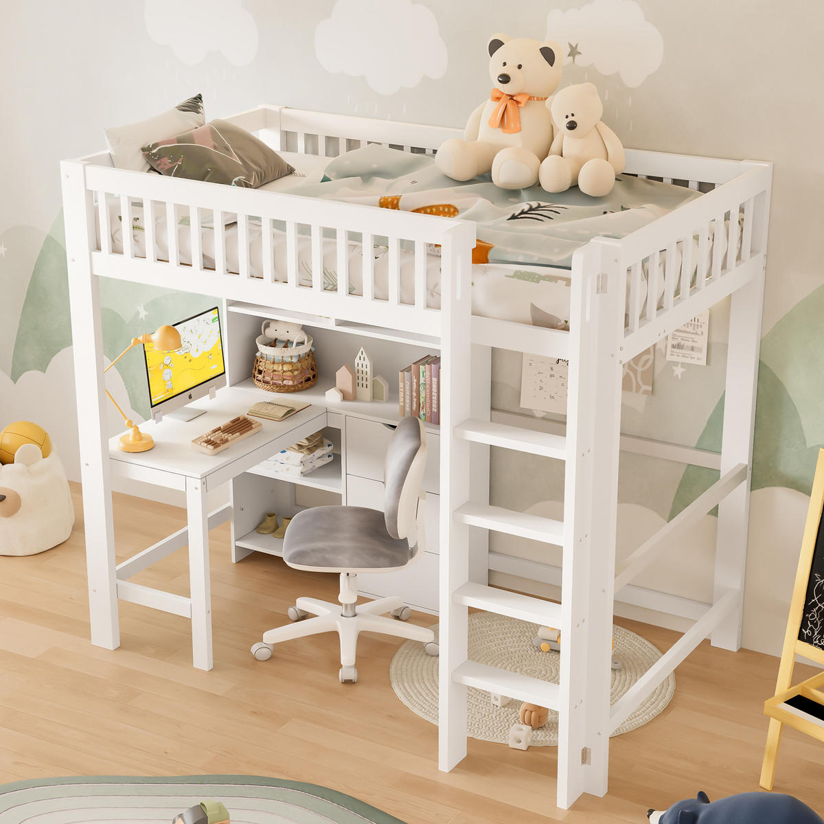 HOCHBETT 90/200 cm Weiß mit Schreibtisch und mehreren Ablagefächern ohne Matratze - Weiß, Holz (90/200cm) - OKWISH