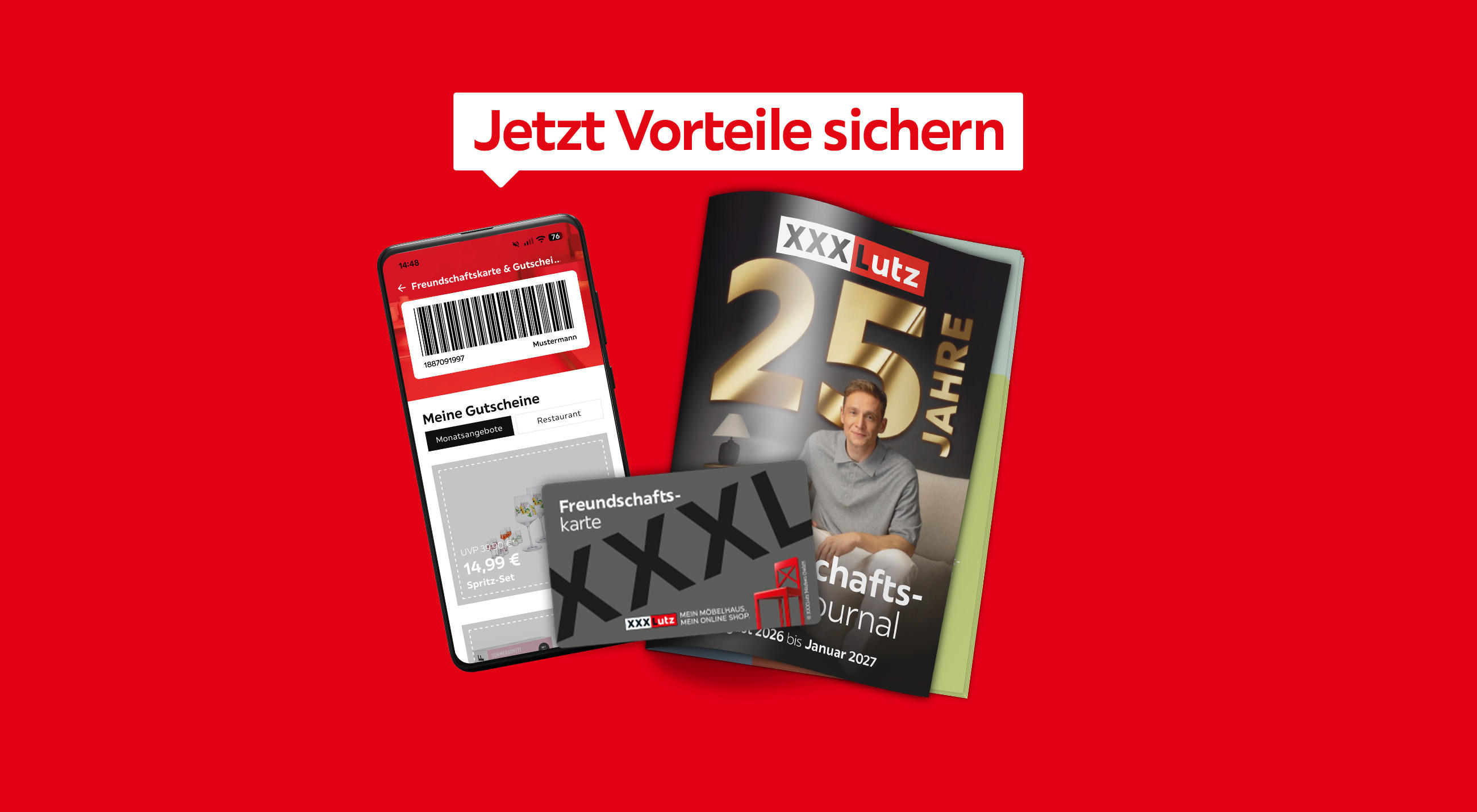 Werbemotiv zur XXXLutz-Freundschaftskarte mit Magazincover „Freundschaftskartenjournal“, geöffnetem Heft und Smartphone mit digitaler Karte vor rotem Hintergrund