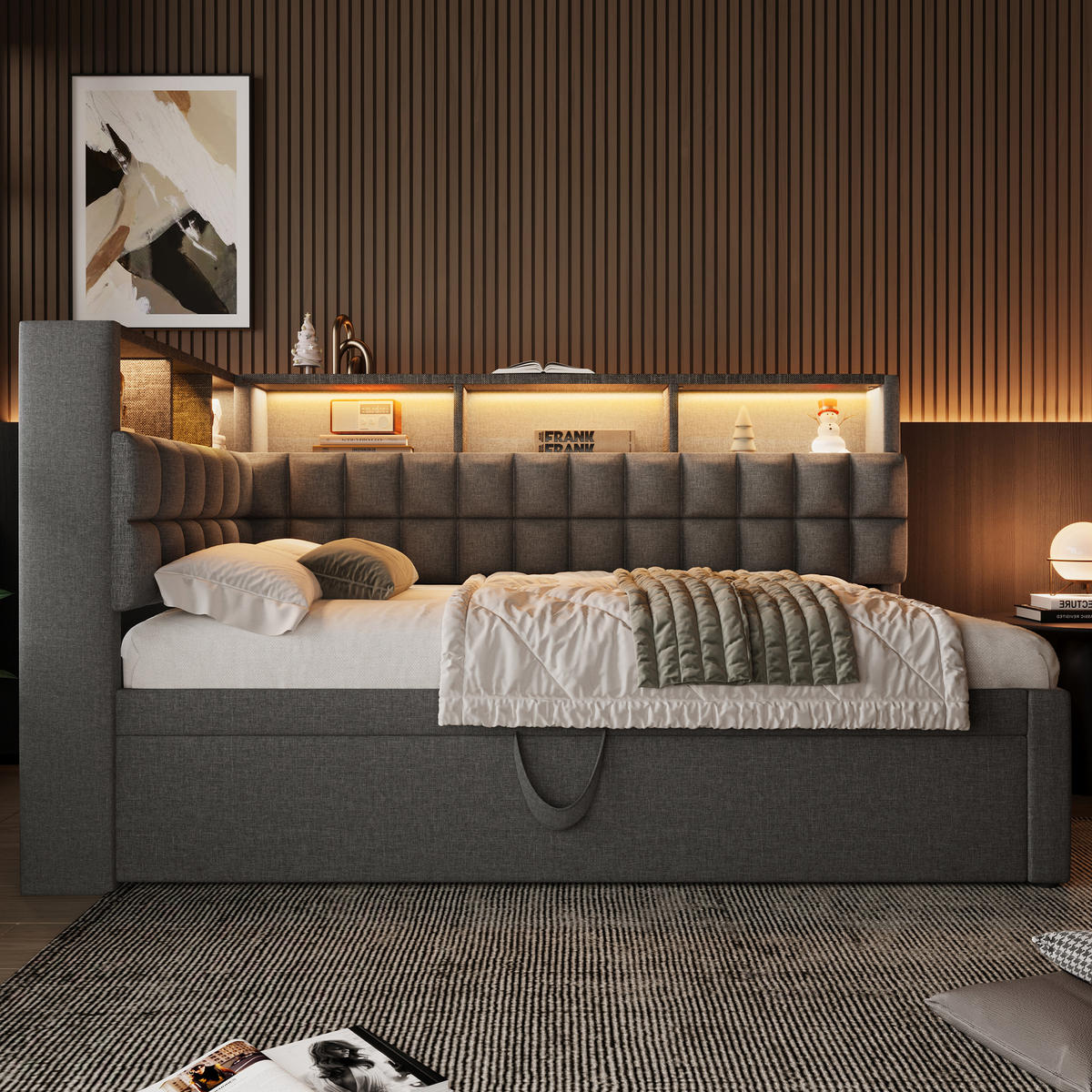 POLSTERBETT 90/200 cm aus Leinen mit Ausziehbett, LED, Bluetooth-Lautsprecher und USB-/USB-C-Anschluss, Grau - Grau, Textil (90/200cm) - Redom