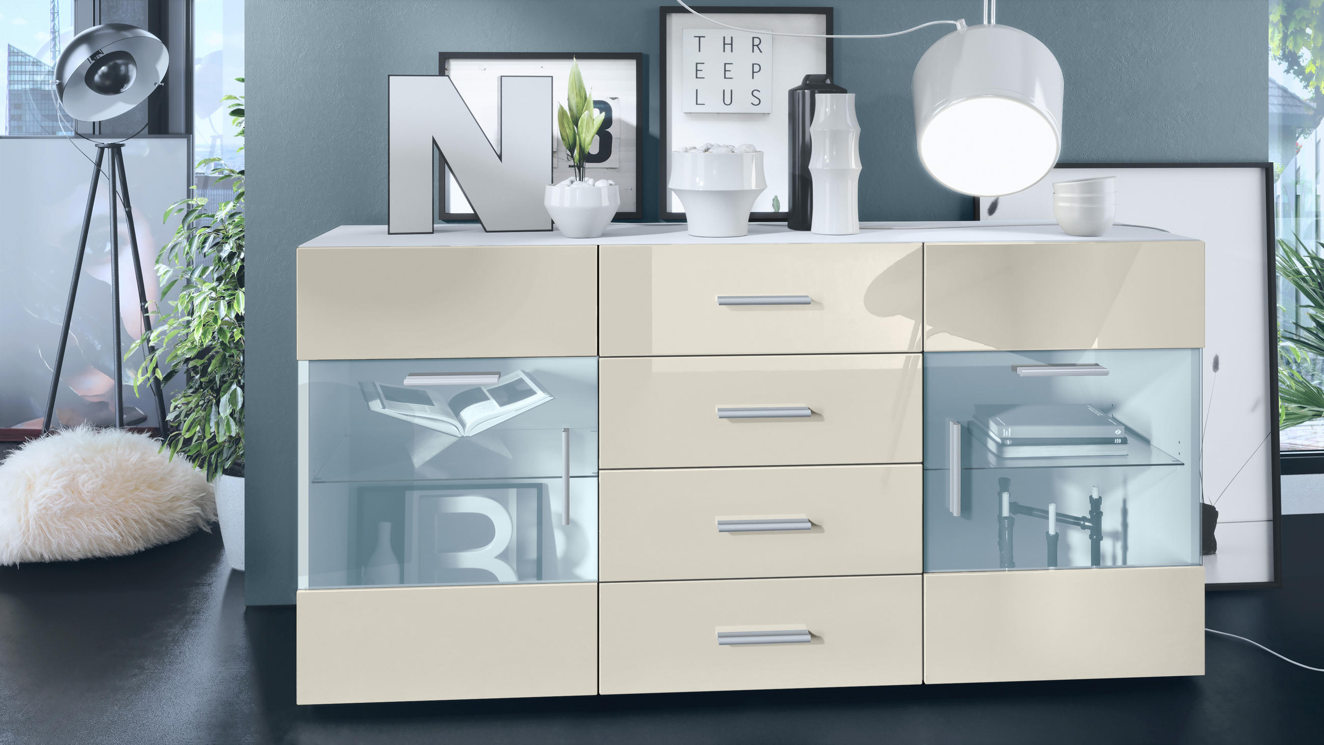 SIDEBOARD Carlos Creme Hochglanz - Creme, Holzwerkstoff (139/72/35cm) - Vladon