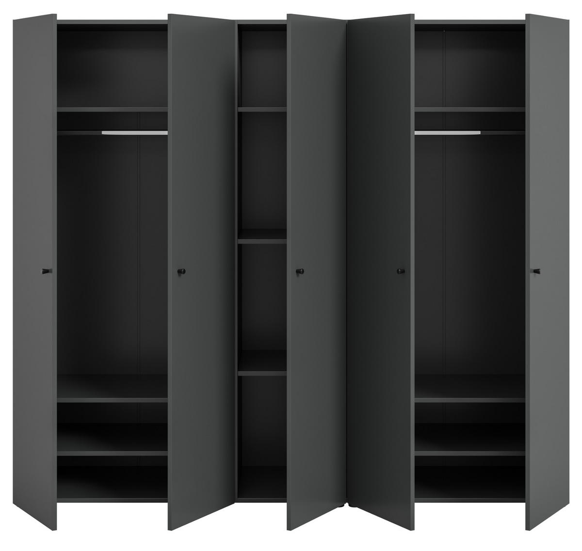 KLEIDERSCHRANK grau 5-türig 200 cm, Drehtürenschrank mit Kleiderstangen - Schwarz/Grau, Holzwerkstoff/Kunststoff (200/176/51cm) - Inn.Furn