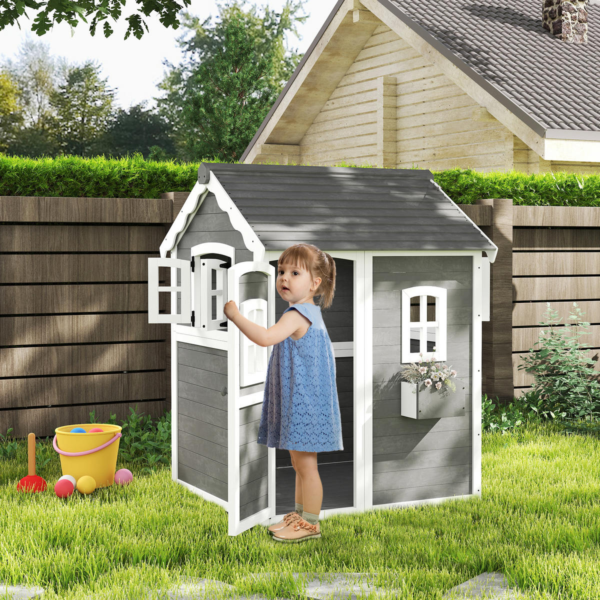 SPIELHAUS für Kinder, Indoor- und Outdoor-Haus mit Tür, Fenstern, Grau - Grau, Holz (104.5/137/110cm) - Outsunny