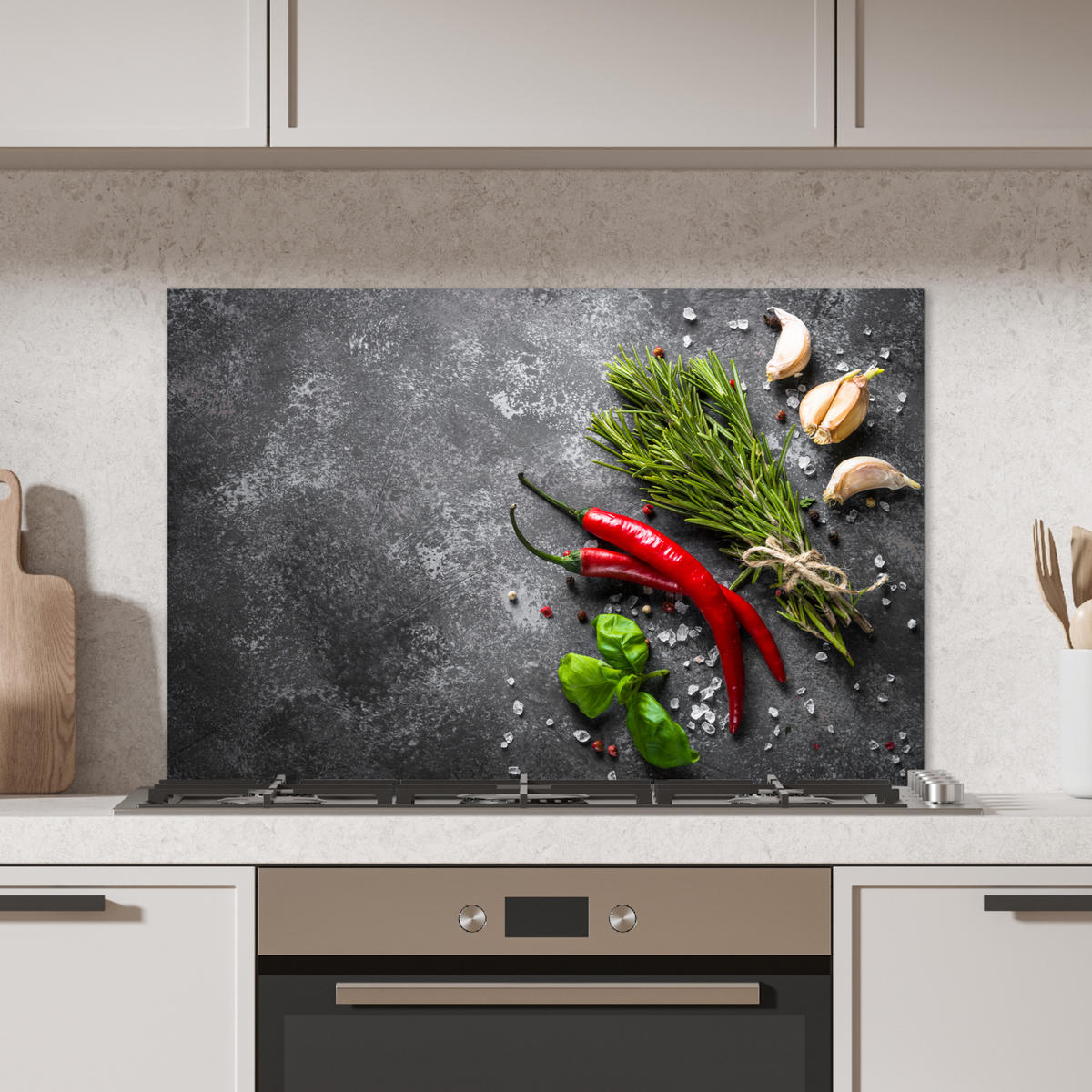 SPRITZSCHUTZ KÜCHE Pfeffer - Kräuter - Gewürze - Beton 80x55 cm - Rot, Metall (80/0.3/55cm) - MuchoWow