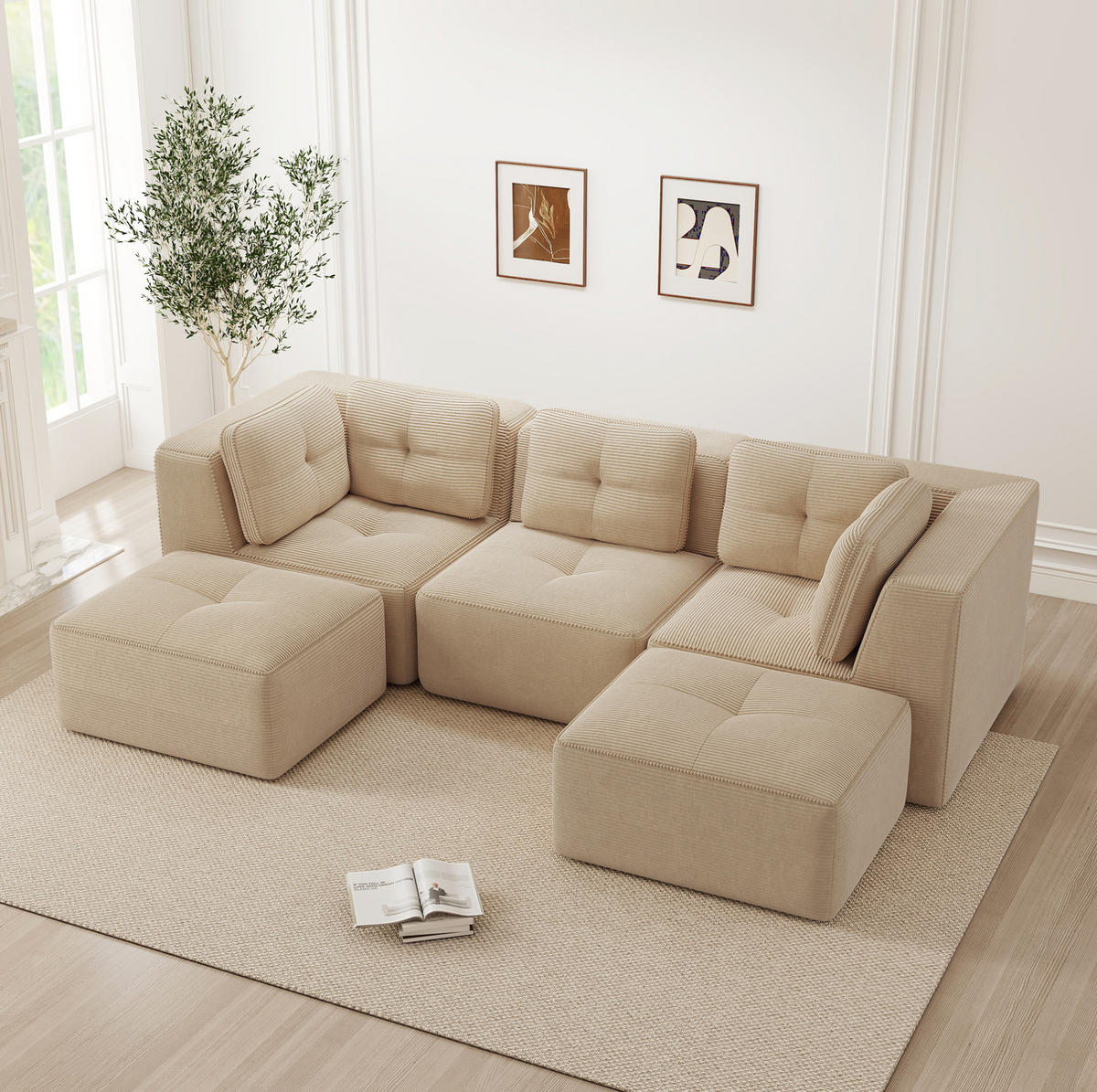 ECKSOFA 297/177/69 cm beige aus Cord mit modularem Aufbau und tiefer Sitzfläche - Beige, Textil (177/297cm) - OKWISH
