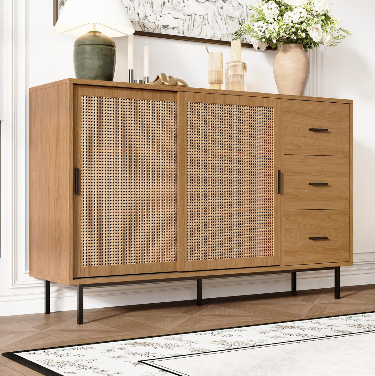 SIDEBOARD 140/91/37 cm Naturfarben aus Spanplatte mit Schiebetüren - Naturfarben, Holzwerkstoff (37/91/140cm) - OKMYHOME