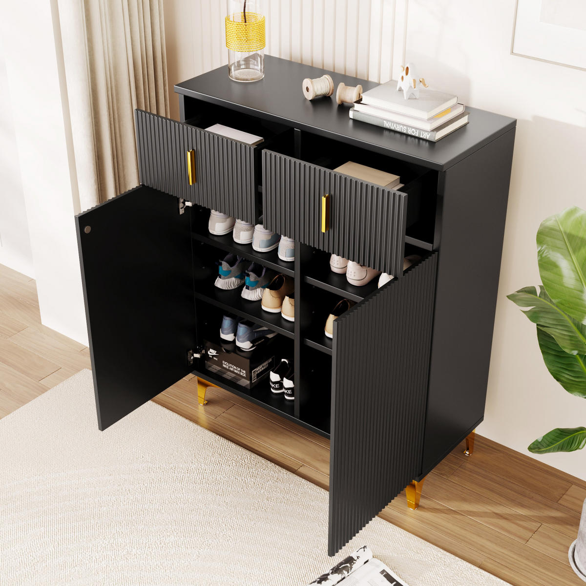 SCHUHSCHRANK Sideboard Schwarz mit Schubladen, Push-to-Open und goldenen Akzenten - Schwarz, Holz (83/101/35cm) - PARAFTA HOME