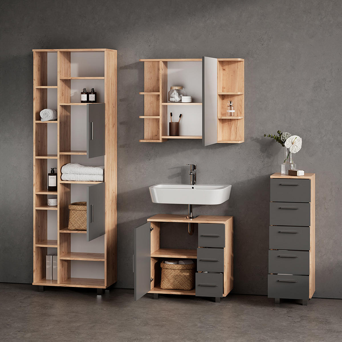 BADMÖBEL-SET Eisak Eiche 4 Teile - Eichefarben/Anthrazit, Holzwerkstoff (60/60/33cm) - Livinity®