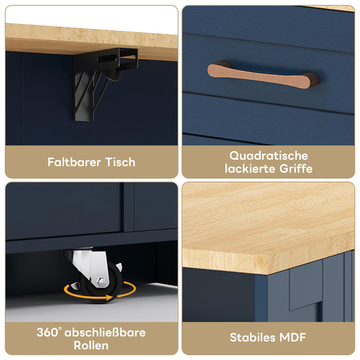 KÜCHENINSEL 120/40(65)/92 cm Blau mit Klappbarem Esstisch, 2 Steckdosen, USB, 2 Schubladen und Offenen Regalen - Blau, Holz/Holzwerkstoff (65/92/120cm) - Oxeza