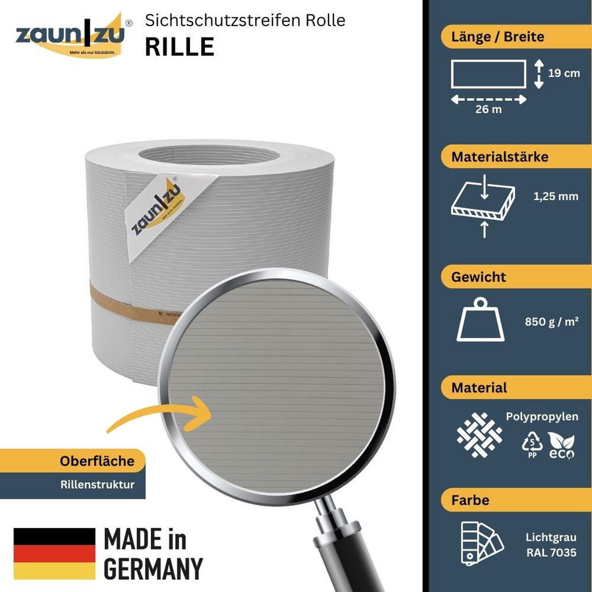 SICHTSCHUTZSTREIFEN Rille PP für Doppelstabmatten Zaun Lichtgrau 26m - Hellgrau, Kunststoff (2600/19cm) - ZAUN|ZU