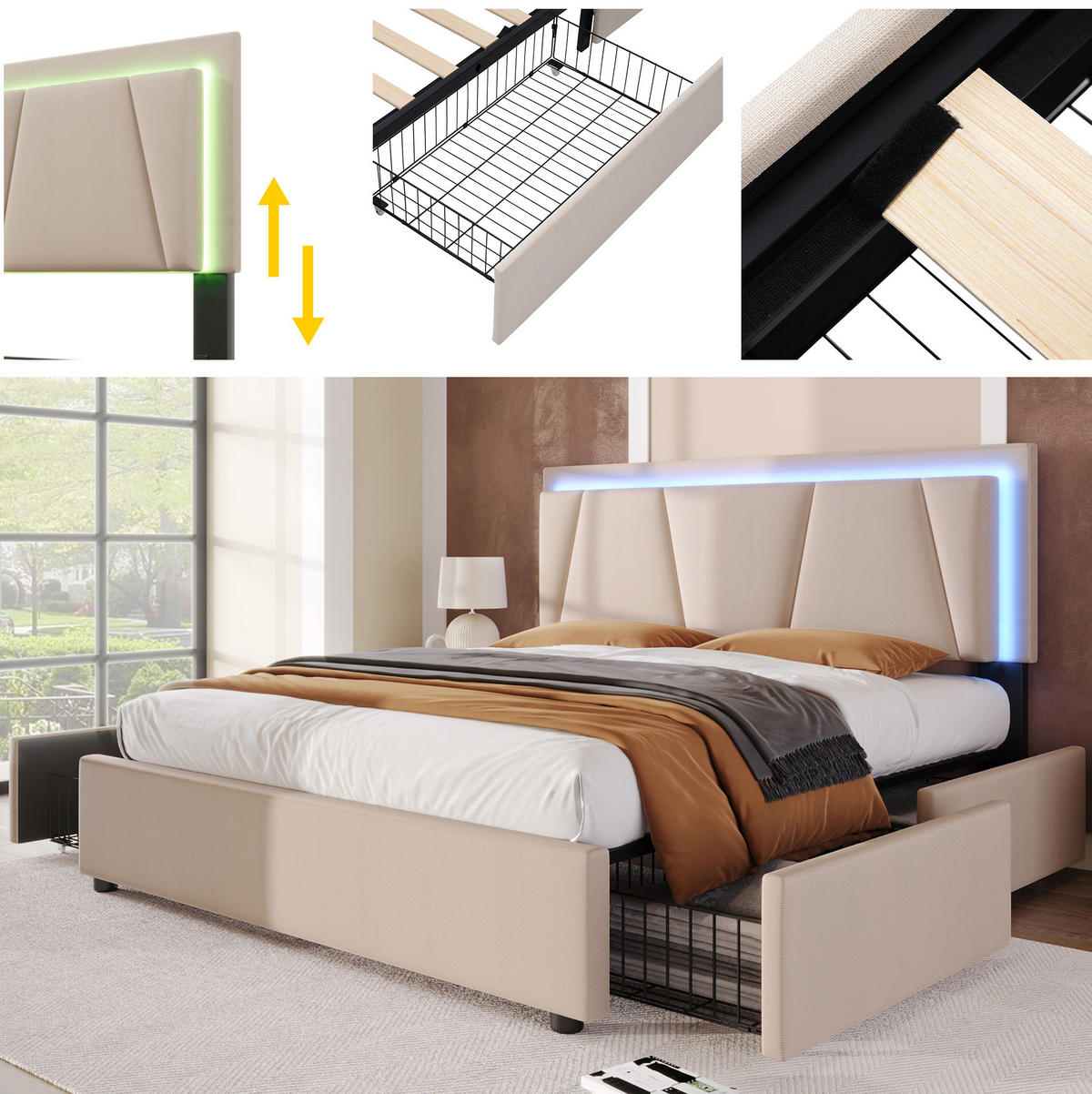 POLSTERBETT 160/200 cm mit LED-Beleuchtung, 4 Schubladen und verstellbarem Kopfteil - Beige, Holz (160/200cm) - BEAOK