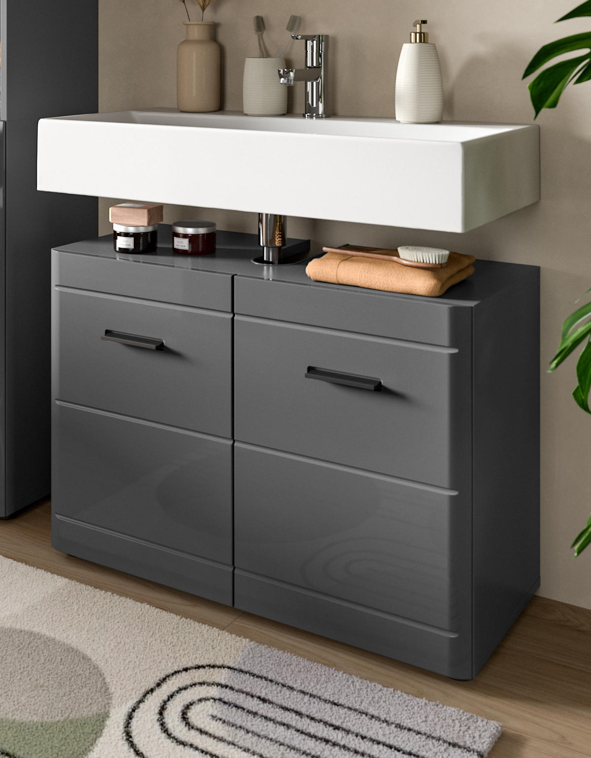 WASCHBECKENUNTERSCHRANK grau Hochglanz 80 cm mit Soft-Close - Schwarz/Grau, Holzwerkstoff/Kunststoff (80/56/34cm)