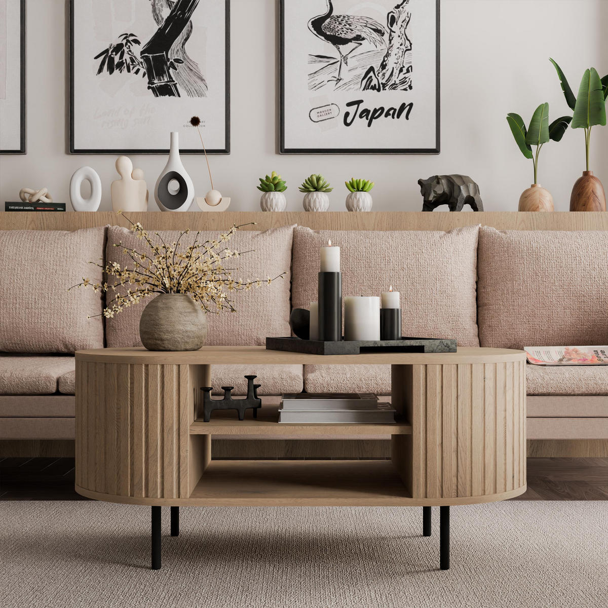 COUCHTISCH Halay Eiche Cremona, Moderne Rillenstruktur 100 cm, mit runden Kanten - Eichefarben/Schwarz, Holzwerkstoff/Metall (45/100/52cm) - AX Living