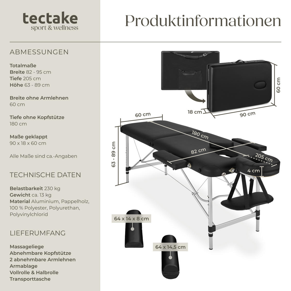 MASSAGELIEGE 2 Zonen, 210 x 95 x 89 cm,schwarz - Schwarz, Metall (95/89/210cm) - tectake
