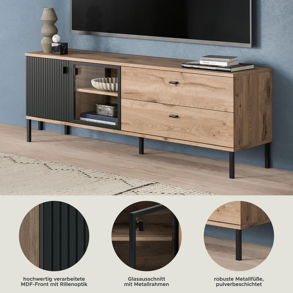LOWBOARD CHESS (B/H/T: ca. 154/57/41 cm) in Nox Oak Nachbildung/schwarz - Eichefarben, Holzwerkstoff (154/57/41cm)