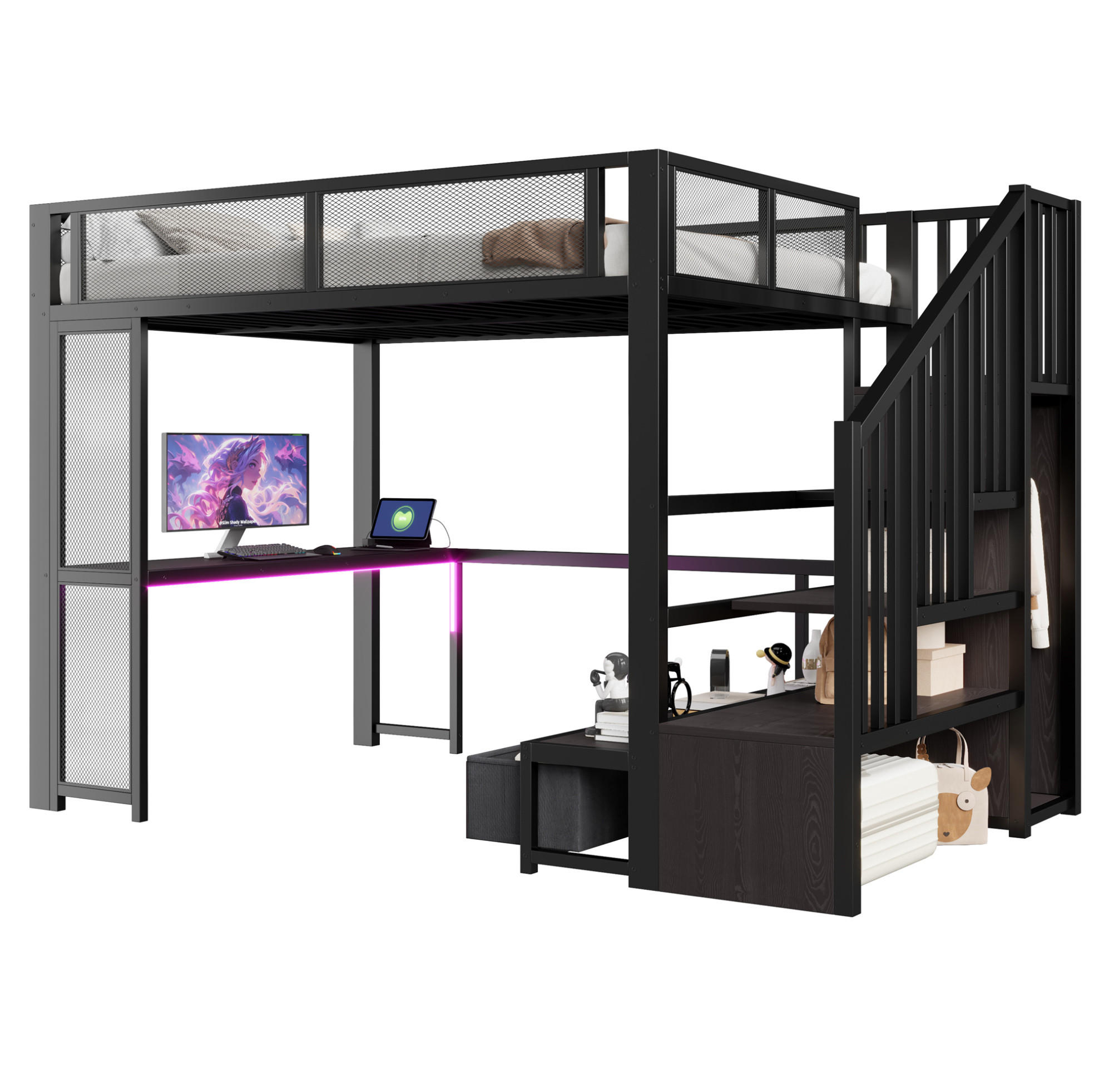 HOCHBETT MDF Metall 140x200 cm Schwarz mit Treppe, Schreibtisch, LED, USB und Stauraum - Schwarz, Holzwerkstoff (140/200cm) - Modfu