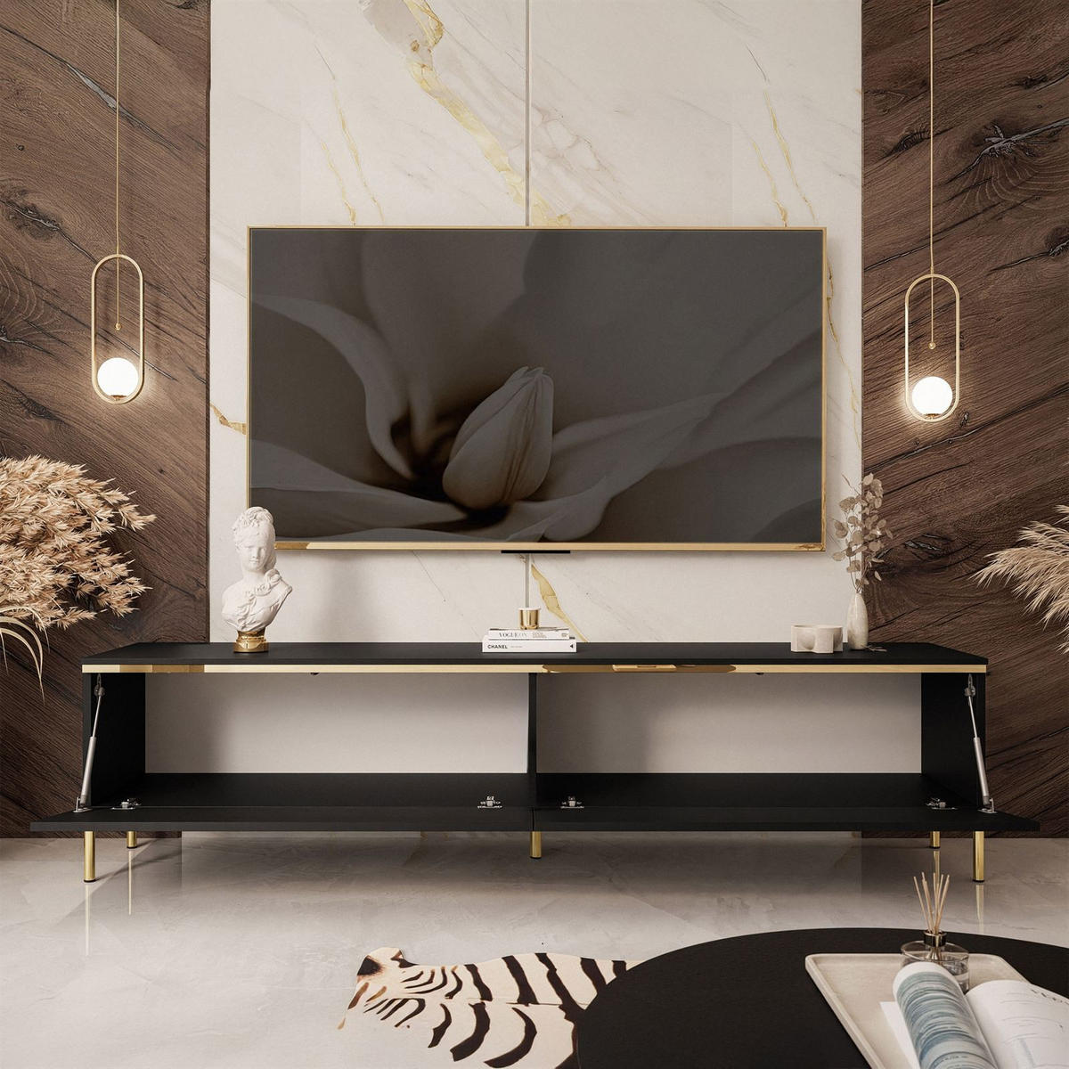 TV-LOWBOARD AURORA Schwarz Matt mit gerade Goldchrom Fuße - Goldfarben/Schwarz, Holzwerkstoff/Metall (180/46/40cm) - Lookway
