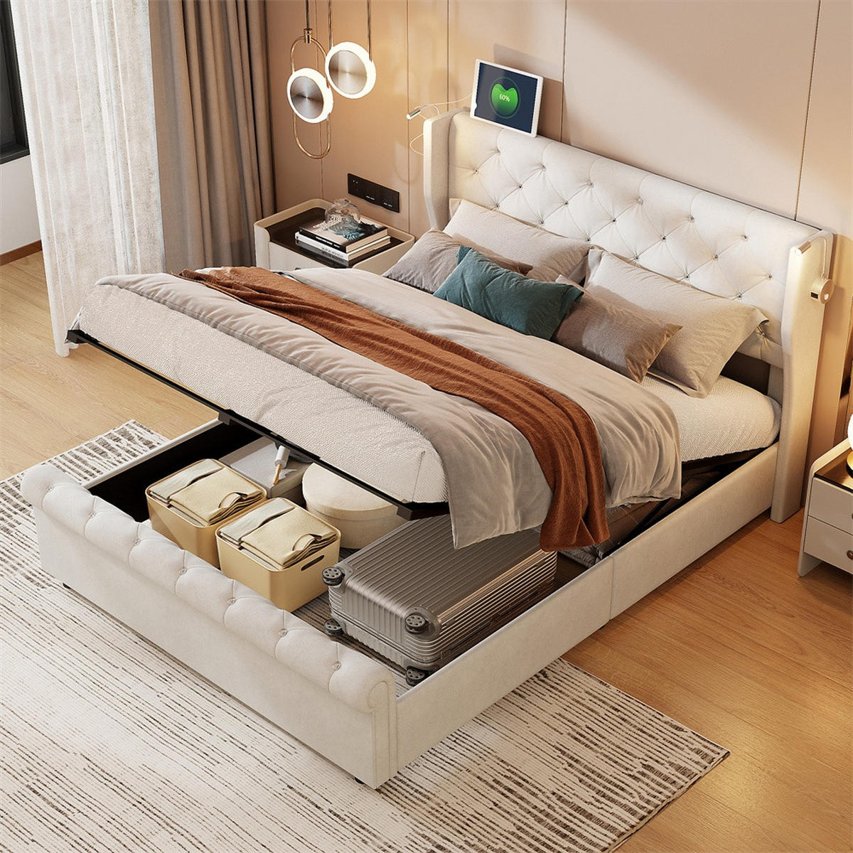 POLSTERBETT 160x200 cm mit verstellbaren Leseleuchten - USB-Anschluss und hydraulischem Stauraum - ohne Matratze - Beige, Textil (160/200cm) - DELFA