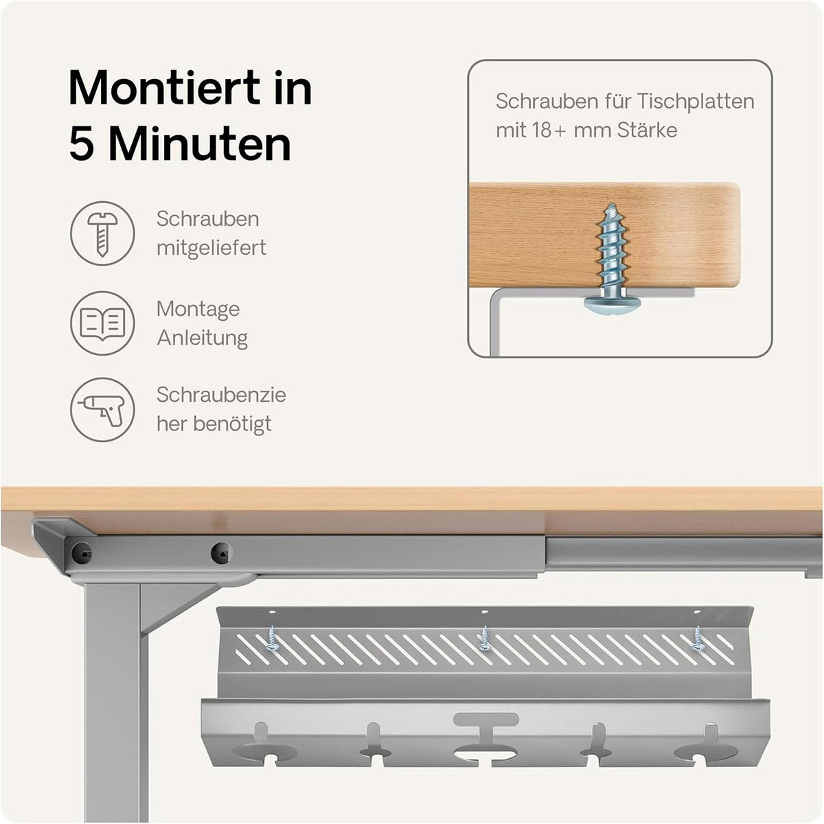 KABELKANAL Schreibtisch Grau, 2x43cm, Hochwertiger Stahl - Grau, Metall (43/12/10cm) - Desktronic