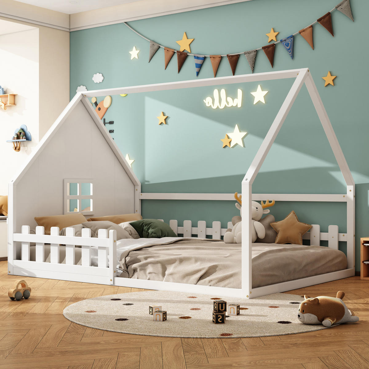KINDERBETT 140/200 cm mit Hausrahmen und Geländer aus Kiefer und MDF, Weiß - Weiß, Holzwerkstoff (140/200cm) - Redom