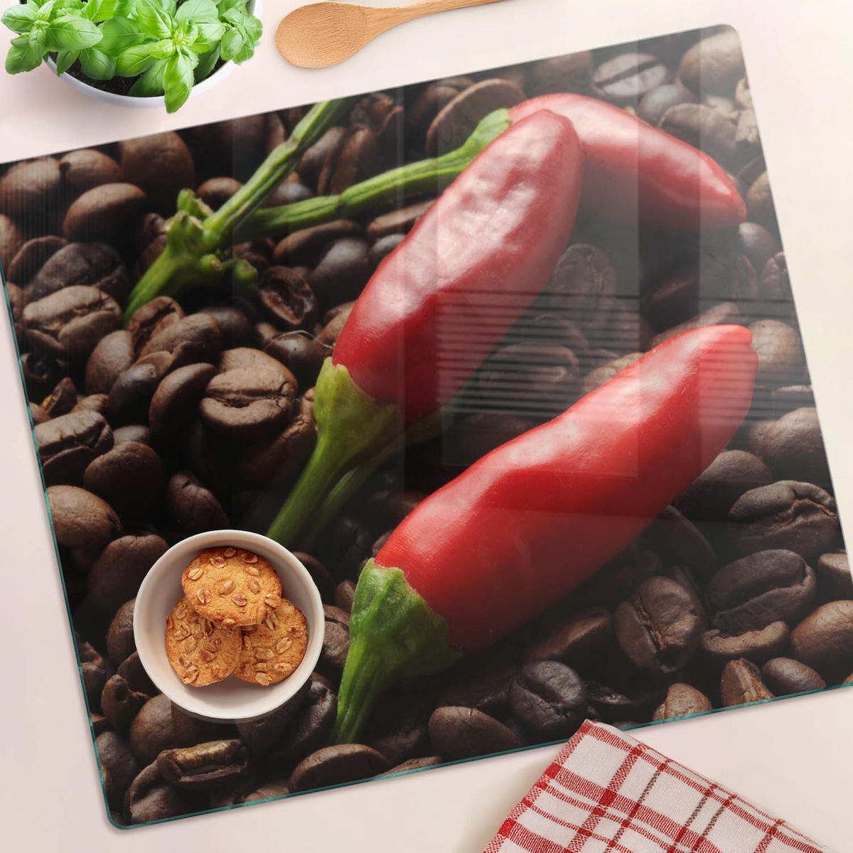 GLASPLATTE 60x52 cm Chilischoten und Kaffee - Rot, Glas (60/0.4/52cm) - TULUP