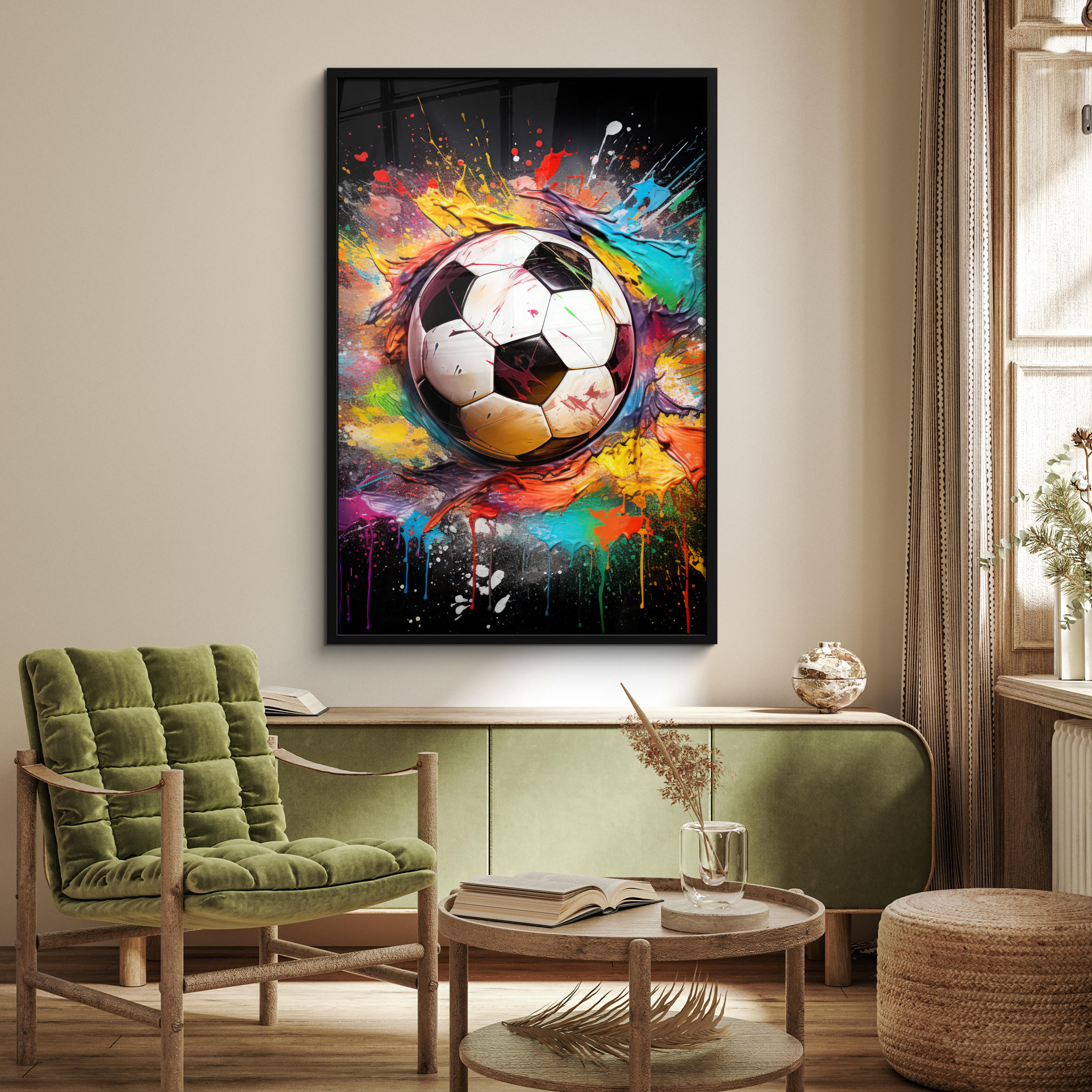 GERAHMTES BILD Fußball - Farbe - Farben - Schwarz - Weiß 80x120 cm - Weiß, Papier (80/120cm) - MuchoWow