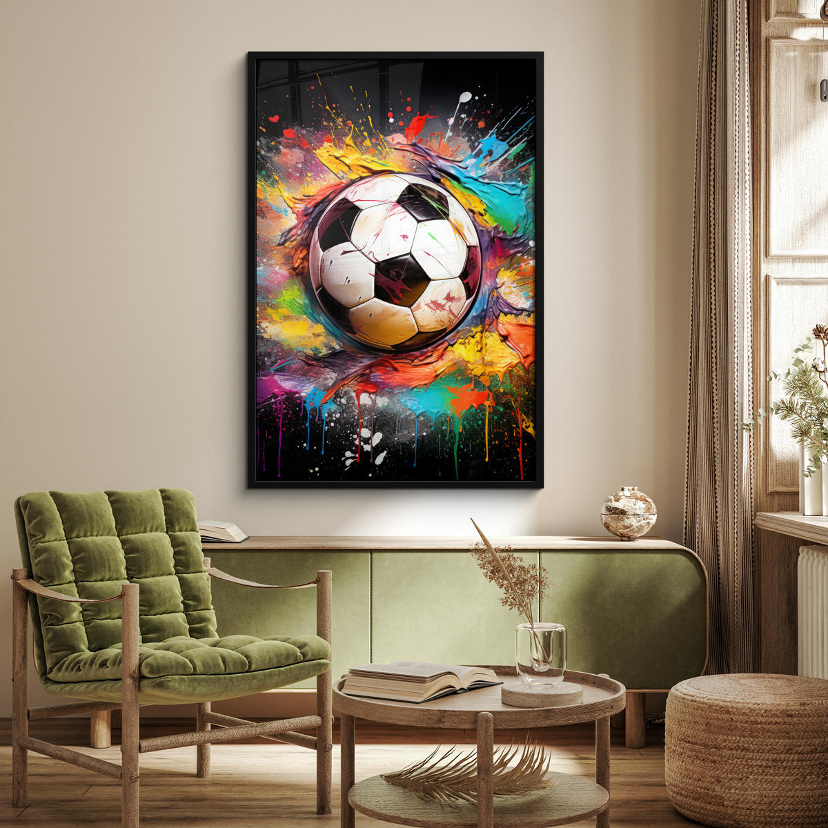 GERAHMTES BILD Fußball - Farbe - Farben - Schwarz - Weiß 80x120 cm - Weiß, Papier (80/120cm) - MuchoWow