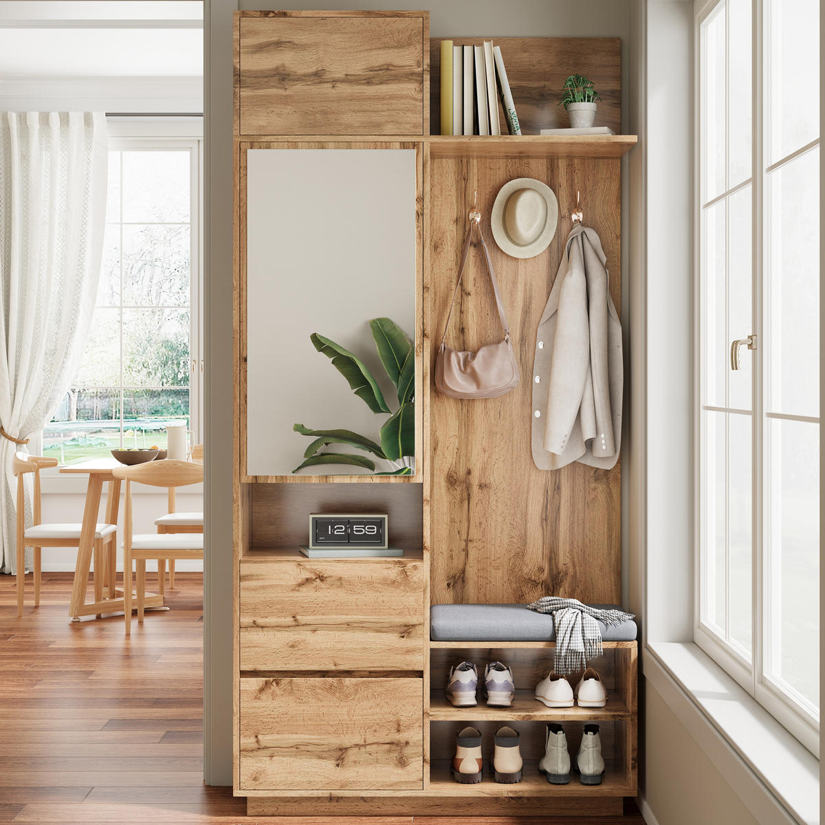 GARDEROBE Spiegel Sitzbank Schuhschrank - Naturfarben, Holz (90/190/34.5cm) - Fortuna Lai