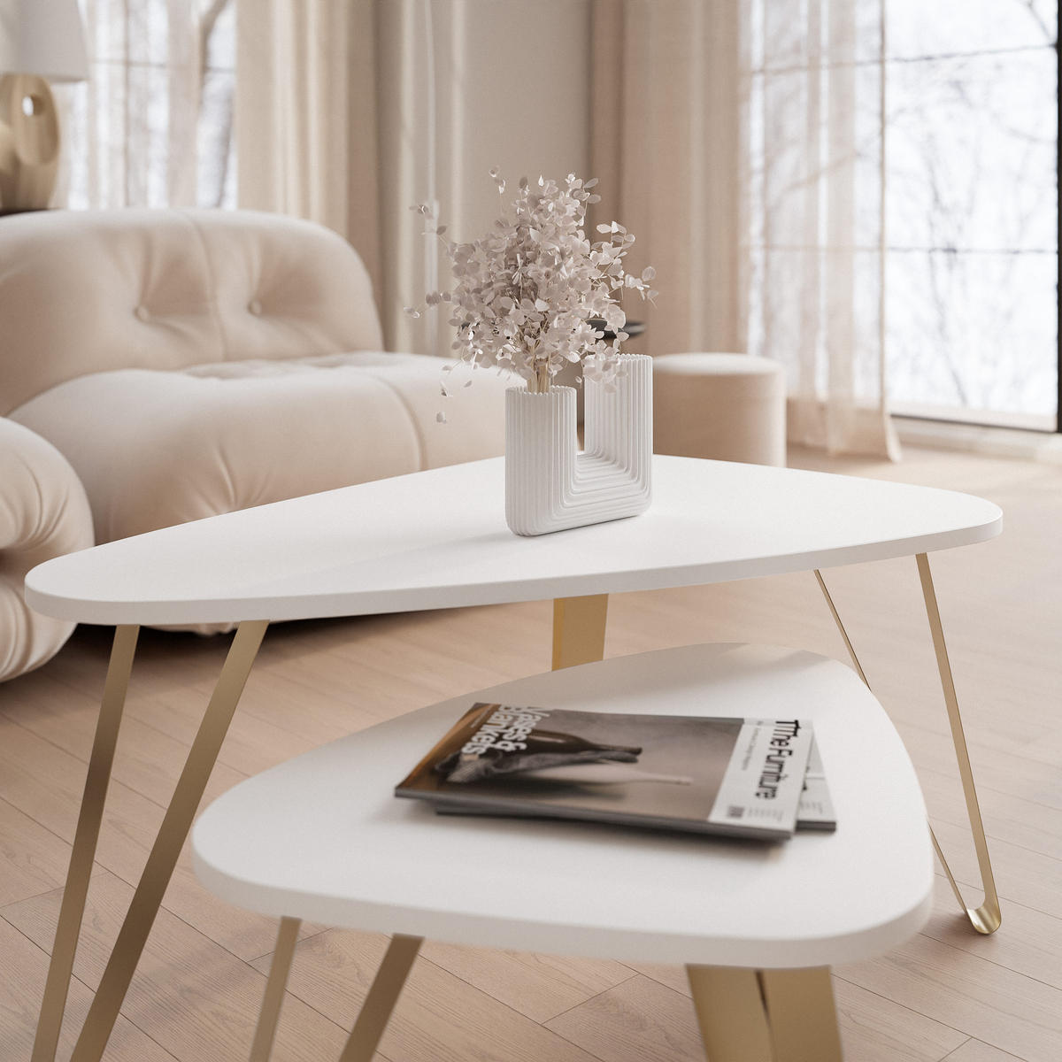 SATZTISCH NOA Stahlgestell, Freiform, Gold / Arktisweiß - Goldfarben/Weiß, Holzwerkstoff (94/60/42cm) - Idohome