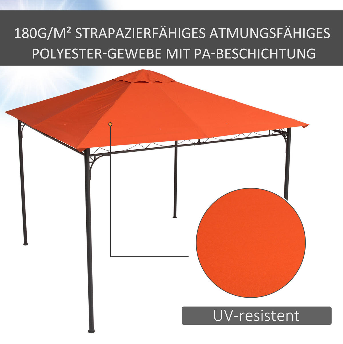 PAVILLON-ERSATZDACH 298/295 cm mit PA-Beschichtung, 8 Entwässerungslöchern und 4 Abspannseilen, Orange - Orange, Textil (295/1/298cm) - Redom