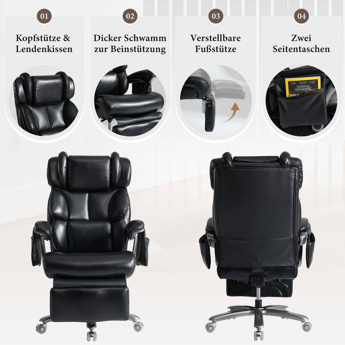 BÜROSTUHL mit Massage- und Heizfunktion PU-Leder Black - Schwarz, Kunststoff (76.5/121.5/85.5cm) - Meubliv