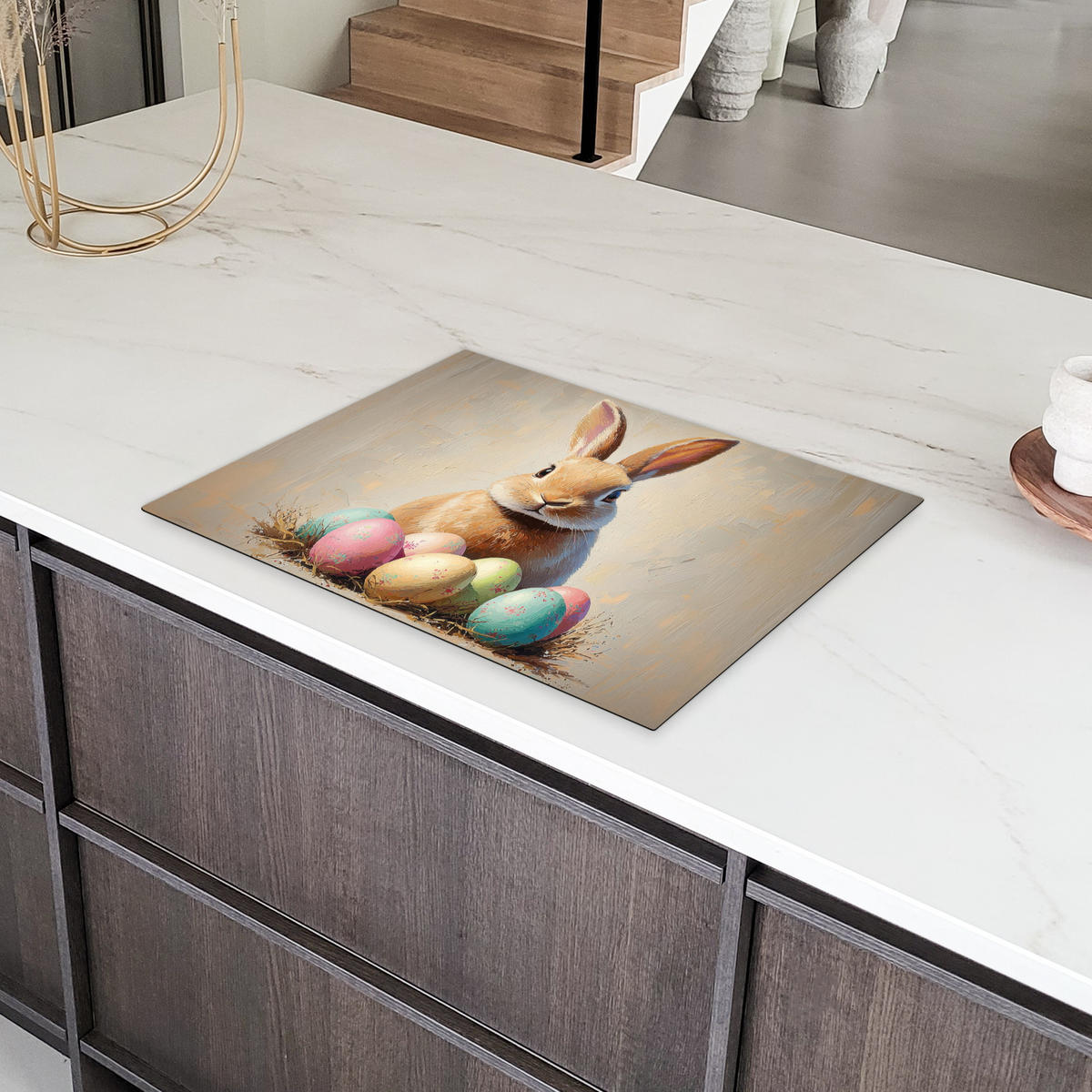 HERDABDECKPLATTE Osterhase - Pastell - Eier Herdabdeckung Induktionsfeld 70x52 cm - Beige, Kunststoff (70/52/0.2cm) - MuchoWow