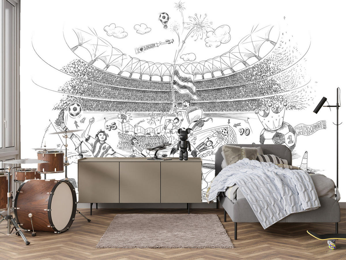 FOTOTAPETA Pre Detskú Izbu Futbalový Štadión Skica Hráč Lopta Pohár Šport 450 x 315 cm - sivá/biela, papier (450/315cm) - Muralo